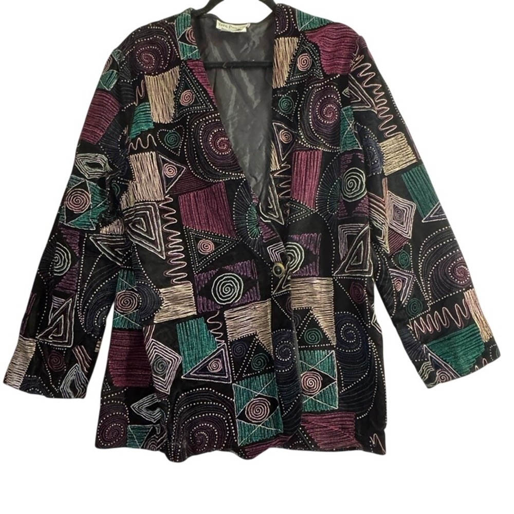 Vintage Tres Paquette Byer California Velvet Blazer Geometric Embroidered Large